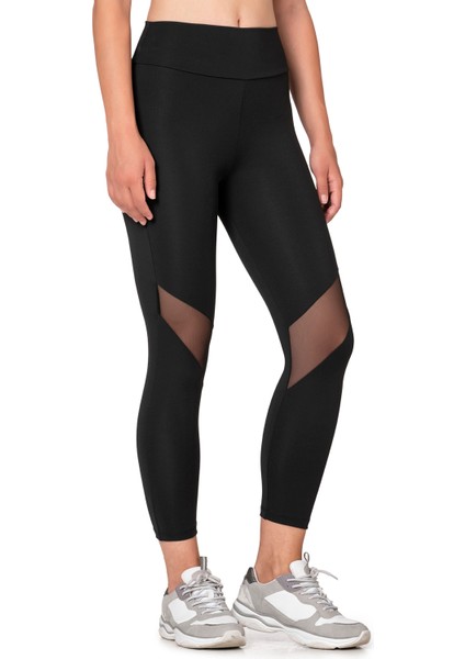 Özkan 27720 Kadın Siyah Interlok Kumaş Tül Detaylı Yüksek Bel Uzun Tayt Esnek Rahat indirimleri