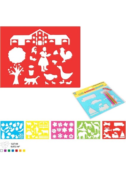 Şekil Boyama Şablonu 5 Adet Şablon 5 Adet Renkli Kalem