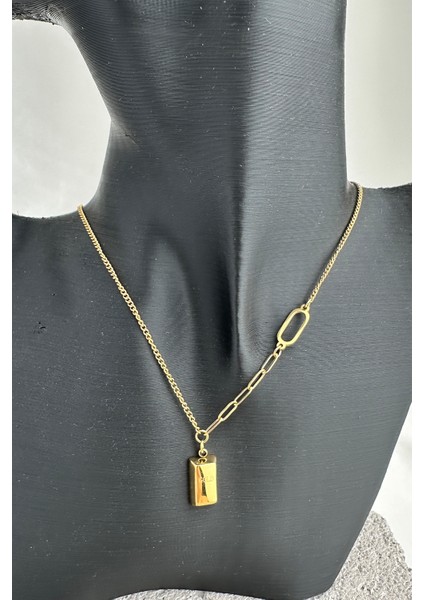 Altın Rengi Oval Halka Zincir Tasarım Külçe Çelik Kolye (ZINCIR:40CM Uç:1cm)