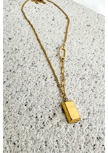 Altın Rengi Oval Halka Zincir Tasarım Külçe Çelik Kolye (ZINCIR:40CM Uç:1cm) fiyatları