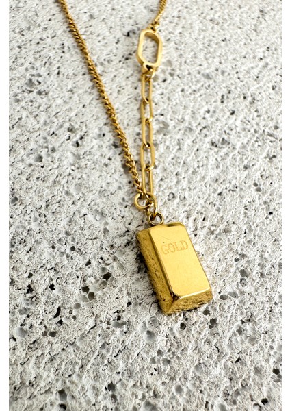 Altın Rengi Oval Halka Zincir Tasarım Külçe Çelik Kolye (ZINCIR:40CM Uç:1cm) modelleri