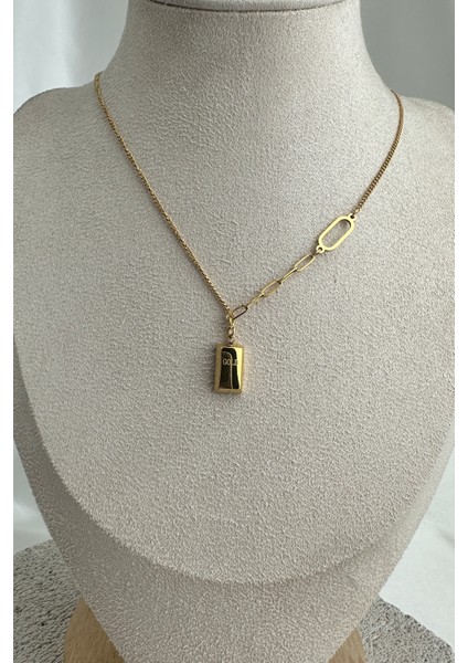 Altın Rengi Oval Halka Zincir Tasarım Külçe Çelik Kolye (ZINCIR:40CM Uç:1cm) fırsatları