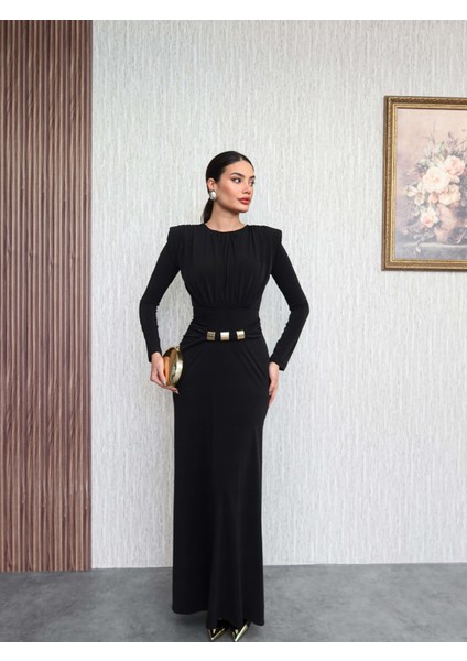 Omuz Vatkalı Bel Aksesuar Elbise