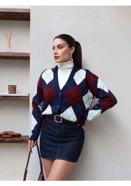 V Yaka Baklava Desenli Salaş Hırka