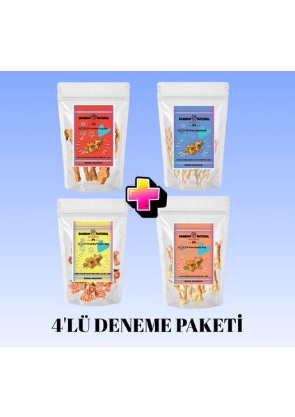 Köpek Çiğneme ve Ödül Mamaları 4'lü Paket 400GR Kuzu Deri Örgüsü + Tavuk Ayak+Dana Gırtlak+Dana Akciğer Çubuk