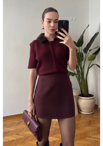 Leopar Yakalı Premium Triko- Bordo