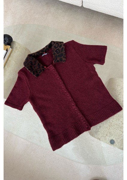 Leopar Yakalı Premium Triko- Bordo fiyatları