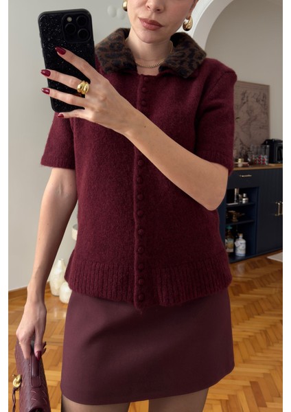 Leopar Yakalı Premium Triko- Bordo modelleri