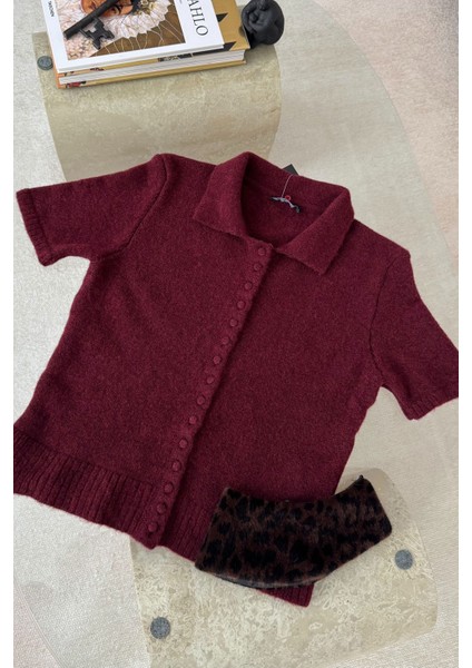 Leopar Yakalı Premium Triko- Bordo indirimleri