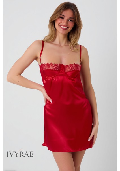 Kadın Dantelli Ayarlanabilir Askılı Mini Gecelik Iç Giyim Cilde Dost Ipeksi Dokulu Zarif Tasarım