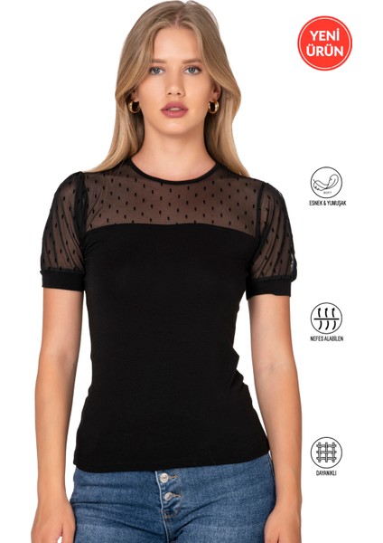 Özkan 27680 Kadın Premium Kumaş Ring Viskon Kısa Kollu T-Shirt Bluz Bisiklet Yaka Tül Detaylı