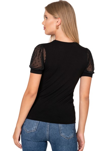 Özkan 27680 Kadın Premium Kumaş Ring Viskon Kısa Kollu T-Shirt Bluz Bisiklet Yaka Tül Detaylı fiyatları