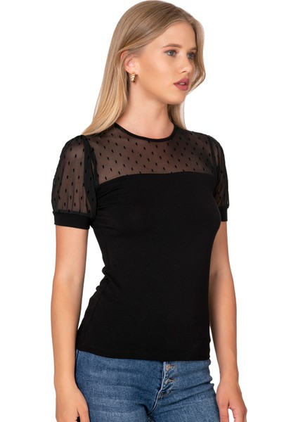 Özkan 27680 Kadın Premium Kumaş Ring Viskon Kısa Kollu T-Shirt Bluz Bisiklet Yaka Tül Detaylı modelleri