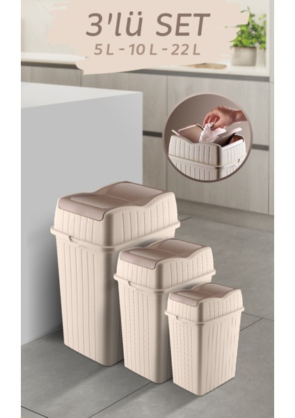 3'lü Çift Kapaklı Slim Çöp Kovası - Dekoratif Ev Ofis Banyo & Mutfak Düzenleyici Çöp Kutusu 5-10-22L