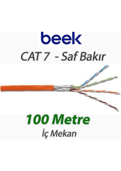 Cat7 - 100 Metre Saf Bakır S/FTP İç Mekan Data KablosuAWG23 LSOH 1200 Mhz Turuncu