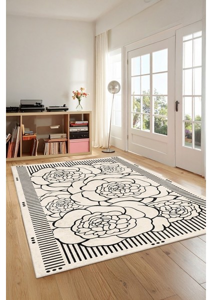 Zeminde Çizgisel Bahar Siyah Beyaz Çiçekli Kaymaz Taban Halı