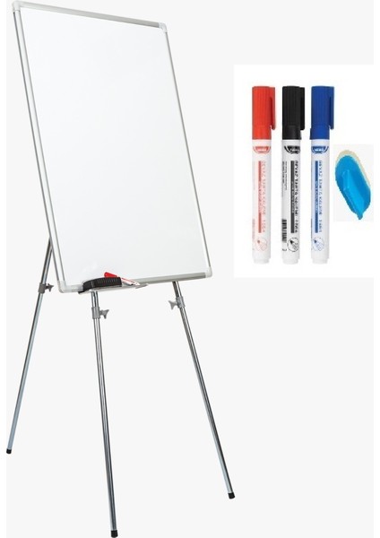 50x70 Elegant Çerçeve Emaye Yüzey Teleskopik Ayaklı Beyaz Yazı Tahtası 3 Renk Kalem ve Silgi
