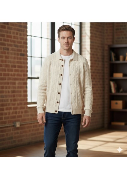 Moda Base Erkek-Polo Yaka-Saç Örgülü-7 Dügmeli-Hırka