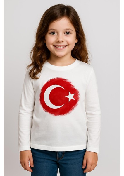 Erkek Çocuk Bayrak Baskılı Uzun Kol T-Shirt - Beyaz
