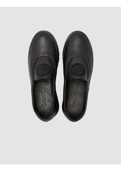 %100 Hakiki Deri Taşlı Siyah Kadın Comfort Ayakkabı fırsatları