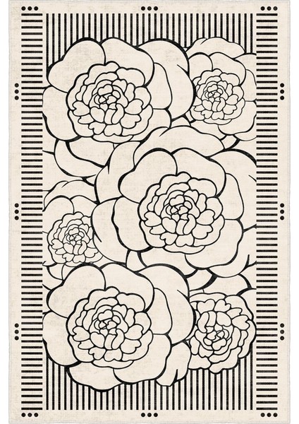 Zeminde Çizgisel Bahar Siyah Beyaz Çiçekli Kaymaz Taban Halı fırsatları