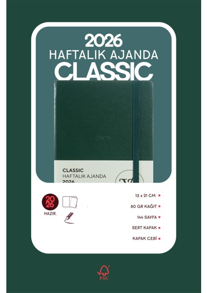 Classic 2026 Haftalık Ajanda 13x21 cm Sert Kapak Ivory 100gr. modelleri