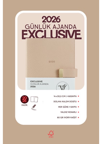 Exclusive 2026 Günlük Ajanda A5 (14x21cm) Ivory 80gr. İçi Değişebilir fiyatları