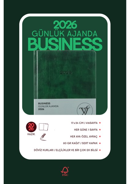 Business 2026 Günlük Ajanda 17x24cm Sert Kapak Ivory 80gr. Ayraçlı