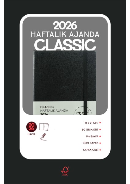 Classic 2026 Haftalık Ajanda 13x21 cm Sert Kapak Ivory 100gr. modelleri