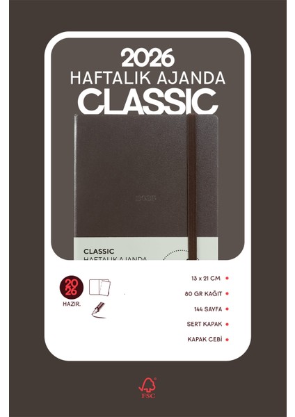Classic 2026 Haftalık Ajanda 13x21 cm Sert Kapak Ivory 100gr. modelleri