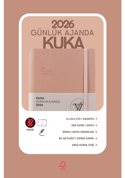 Kuka 2026 Günlük Ajanda A5 (14x21cm) Esnek Kapak Ivory 80gr. indirimleri
