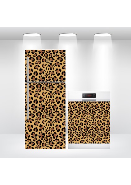 Buzdolabı ve Bulaşık Makinesi Kapak Kendinden Yapışkanlı Folyo Kaplama Kahve Leopar Desen