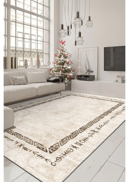 Zeminde Geleneksel Izler Geometrik Motifli Bej Renkli Kaymaz Taban Halı fiyatları