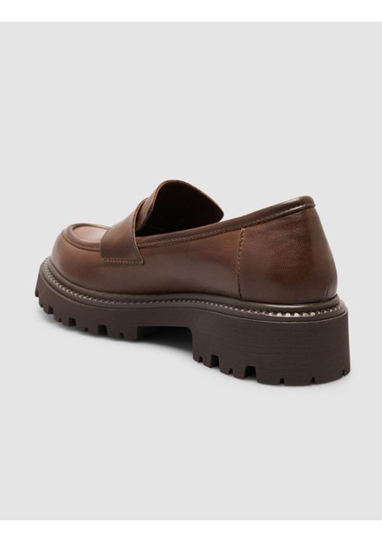 %100 Hakiki Deri Kahverengi Kadın Loafer indirimleri