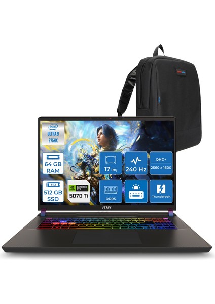 Msı Vector 17 Hx Aı A2XWHG-081TR Intel Core Ultra 9-275HX Aı 64GB 512GB SSD 12GB/RTX5070TI 140W 17 Inç 2k QHD+2560X1600 240Hz IPS Freedos Gaming Laptop ZW081TRF25+ZETTAÇANTA