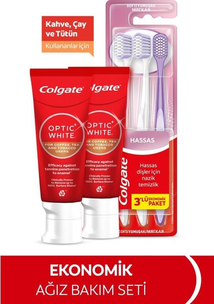 Optic White Kahve, Çay ve Tütün Kullananlar Için 50 ml 2'li Diş Macunu, Gentle Clean 2+1 Diş Fırçası