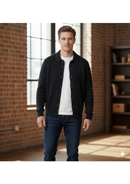 Moda Base Erkek-Polo Yaka-Saç Örgülü-7 Dügmeli-Hırka