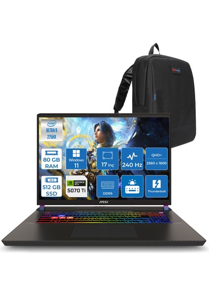 Msı Vector 17 Hx Aı A2XWHG-081TR Intel Core Ultra 9-275HX Aı 80GB 512GB 12GB/RTX5070TI 140W 17 Inç 2k QHD+2560X1600 240Hz IPS WINDOWS11HOME Gaming Laptop ZW081TRH33+ZETTAÇANTA