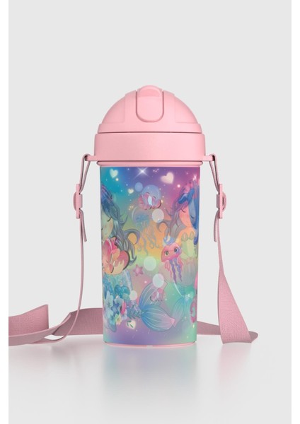 Cosmo Lenticular Deniz Kızı Desenli 415 ml Pipetli Askılı Pp Çocuk Matara 912149 Pembe