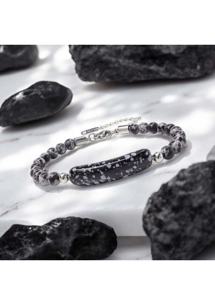 Snowy Obsidian Doğaltaş Çelik Halat ve Çelik Klipsli Bileklik 33512B19D2 modelleri