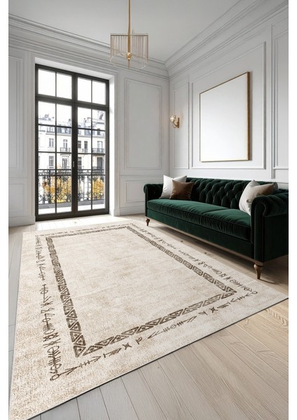 Zeminde Geleneksel Izler Geometrik Motifli Bej Renkli Kaymaz Taban Halı modelleri