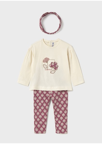 3\'lü Kız Bebek Takımı (1-4 Yaş) – Bej Sweat, Desenli Pembe Tayt, Desenli Bandana