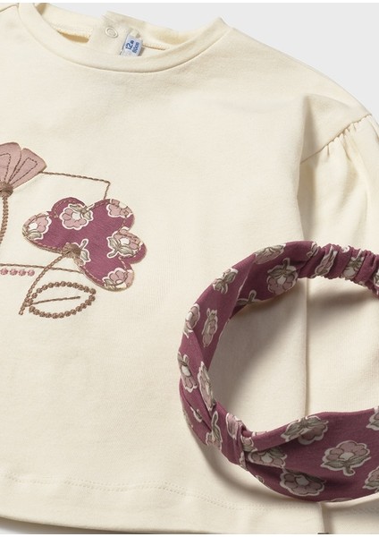 3\'lü Kız Bebek Takımı (1-4 Yaş) – Bej Sweat, Desenli Pembe Tayt, Desenli Bandana modelleri