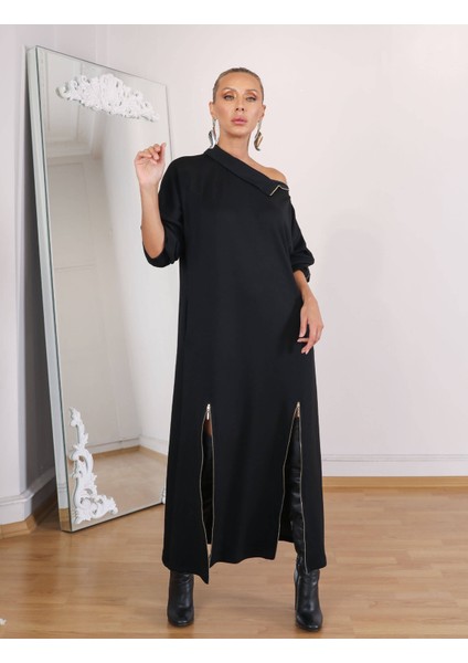 Buketli Kadın Dik Yaka Çift Yırtmaçı ve Sol Omzu Fermuar Detaylı Uzun Kollu Uzun Elbise fiyatları