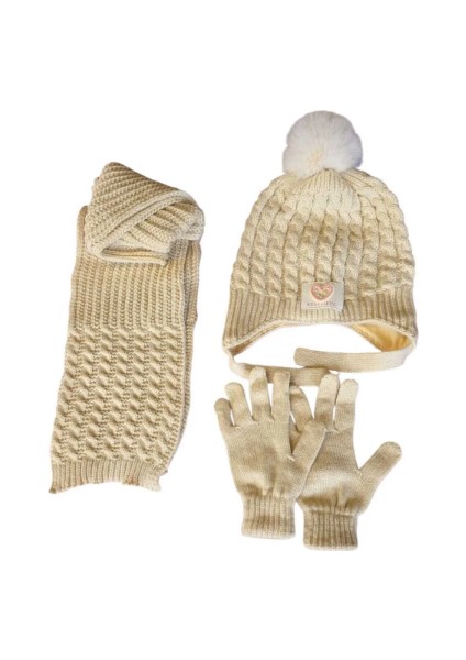 Kitti 4-8 Yaş Kız Çocuk Atkı Bere Eldiven 3'lü Takım