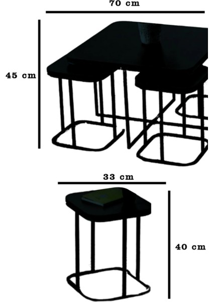 Asorit 5'li Oval Kenar 4+1 Siyah Aynalı Temperli Cam Gümüş Ayak Zigon Sehpa