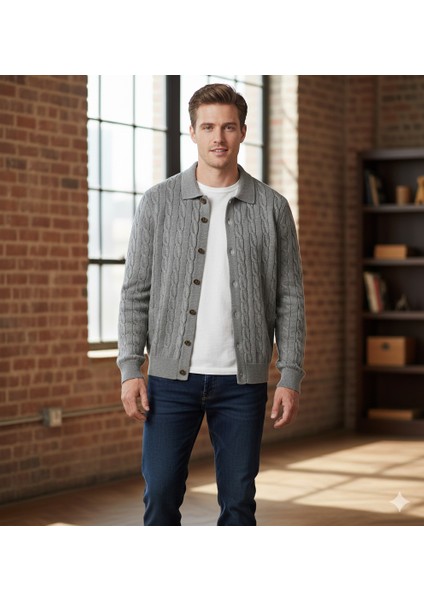 Moda Base Erkek-Polo Yaka-Saç Örgülü-7 Dügmeli-Hırka