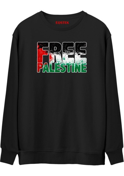 Free Palestine Premium Siyah Bisiklet Yaka Düz Sweatshirt, Erkek, Kadın, Unisex Sweatshirt