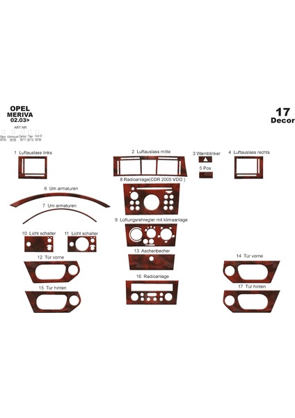 Opel Meriva Konsol-Torpido Kaplama 2003-2007 17 Parça Maun