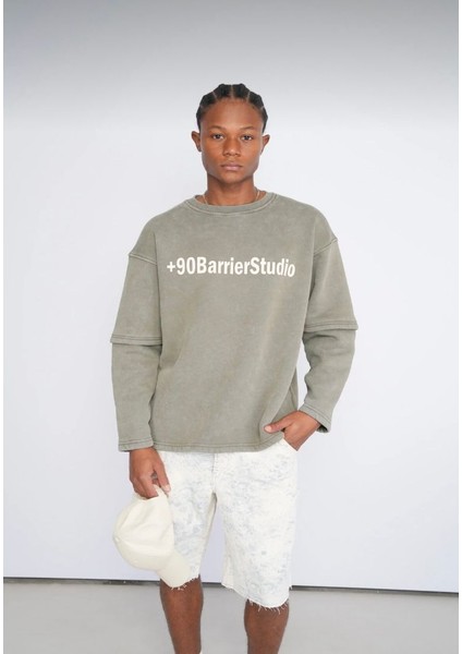 Oversize Dirsek Detaylı Haki Sweatshirt